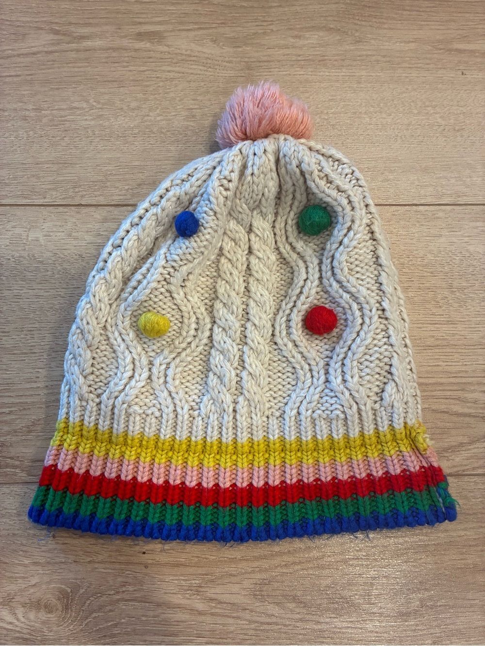 Boden Rainbow Stripe Cable Knit Beanie Pom Pom Winter Hat Size S